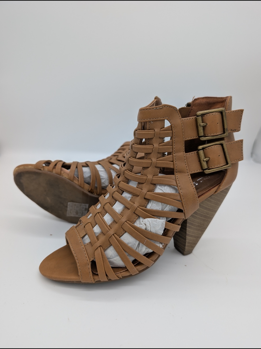 Call It Spring Tan Woven Cage Block Heel Sandals